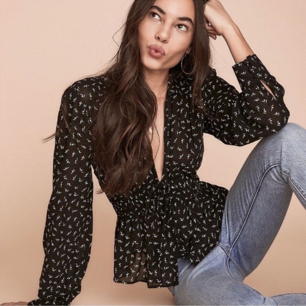 FREE PEOPLE Colette Printed Top Black White Size M